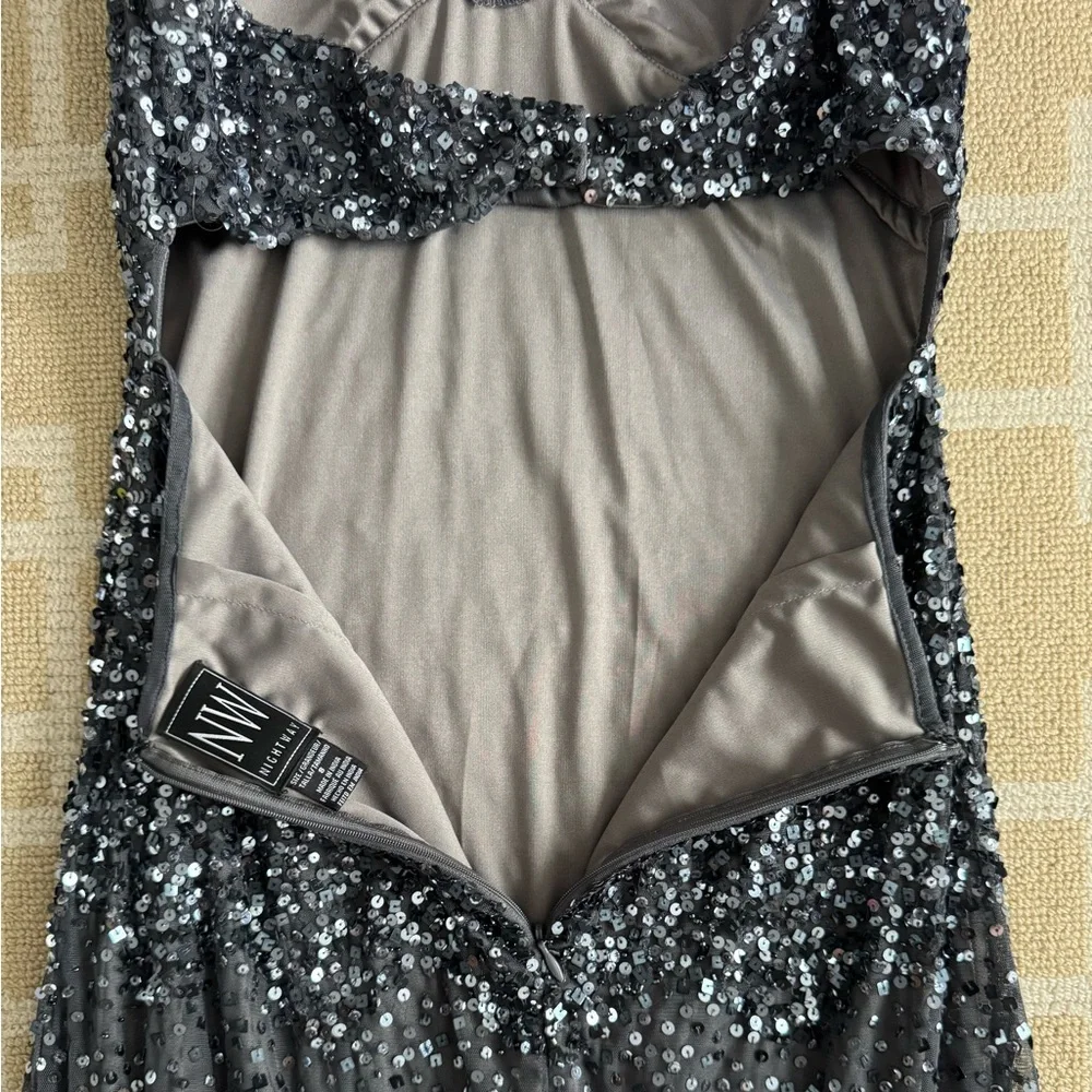 Nightway Sequined Halter Formal Gown Charcoal Gray Mesh Maxi Prom Dress 8 - Picture 6 of 14